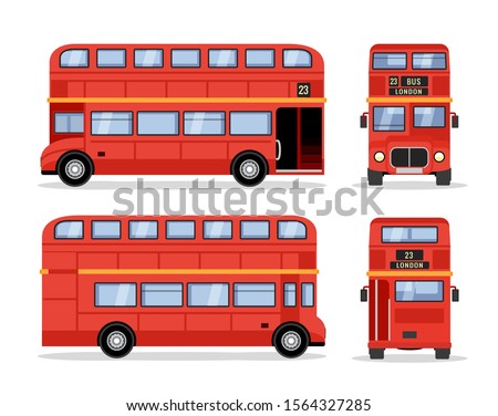 London double decker red bus cartoon illustration, English UK british tour front side isolated flat bus icon.