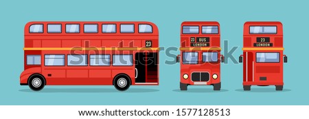 London double decker red bus cartoon illustration, English UK british tour front side isolated flat bus icon.