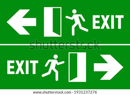 Emergency fire exit sign. Evacuation fire escape door vector sign pictogram arrow exit route
