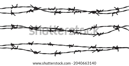 Barbed wire vector fence barbwire border chain. Prison line war barb background metal silhouette Stock foto © 