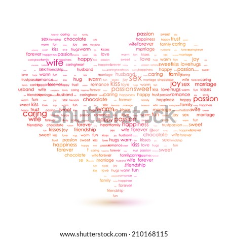 Heart shape from letters - typographic composition. The best list of words, that describes LOVE