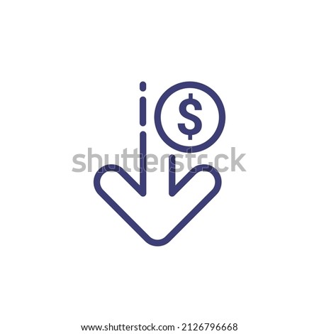 Cost reduction icon price lower arrow. Vector low cost money crisis line icon