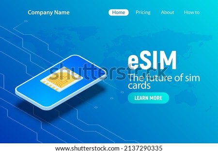 Esim technology digital card microchip phone gsm mobile vector concept. Esim technology