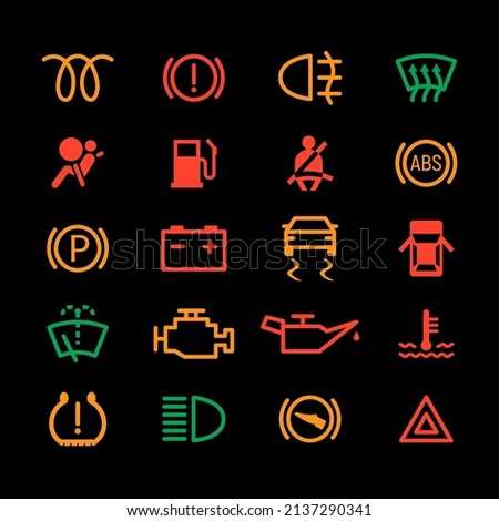 Car dashboard icon engine light abs led oil. Car dashboard sign indicator lamp alert parking symbol set