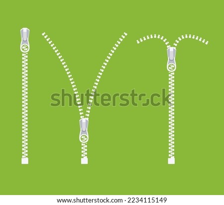 Open zipper teeth metal fastener isolated illustration. Unzip sewing black lock plastic zip buckle.