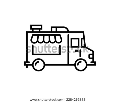 Food truck logo line icon. Vector foodtruck kitchen street van design icon