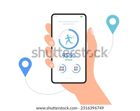 Step counter fitness tracker app design. Walk flat health fit activity vector smart phone watch step counter