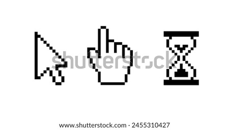 Cursor pixel mouse arrow pointer click icon. Vector pixel cursor arrow www finger sand hourglass icon