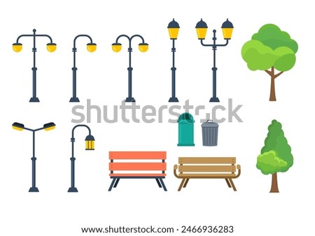 Set of park elements with street lamps and benches. Trees, trash bins, and various park furniture