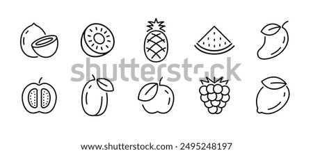 Fruit icon set kiwi pineapple watermelon outline. Fruit icons simple black line mango coconut peach guava