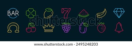 Neon casino slot icon set. Slot machine gamble neon symbol cherry fruit bar lucky casino vector light icons