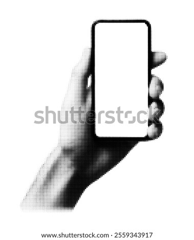 Halftone hand holding smartphone blank screen. Black and white dotted design phone in hand mobile technology minimal isolated digital concept.