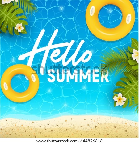 Hello summer web banner background. Sea or pool with sand and palm. Hello Summer Holiday party beach template backdrop. Vector illustration.