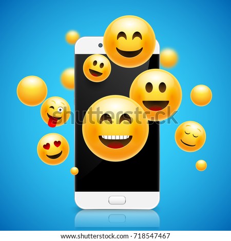 Emoji happy smiley design with mobile phone. 3d emotion concept illustration background.