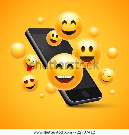 Emoji happy smiley design with mobile phone. 3d emotion concept illustration.