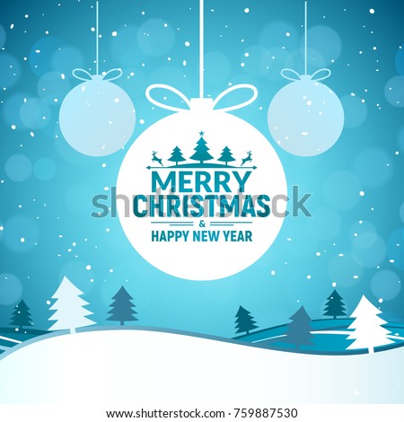 2020 Christmas and Happy New Year greeting card background. Xmas ball on winter landscape decoration design