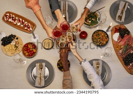 Image, Stock Photo Several champagne glasses over gold christmas background. Celebrating new year concept.