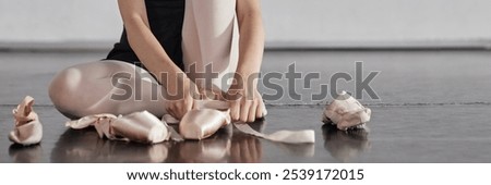 Similar – Image, Stock Photo A teenage girl ties her shoelaces in sneakers, prepares for training