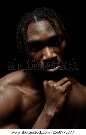 Similar – Image, Stock Photo Emotionless shirtless black guy on pink background