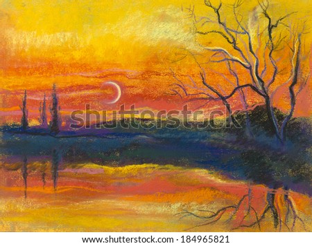 beautiful sunset and moon over lake