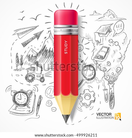 Red pencil on the background of the themed sketch. Science and education. Icon red pencil.