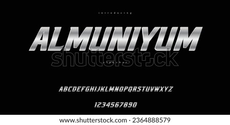 Silver emblem style font, metallic alphabet letters and numbers vector illustration. Aluminum silver metal stainless steel shine sharp font alphabet typography typeface