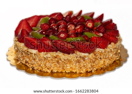 Strawberry cake with hazelnut grain - White Background - Torta con fragole e granella di nocciole Stock foto © 