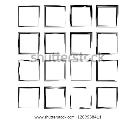 Set of black square grunge frames. Collection of geometric empty borders.  Vector illustration. 