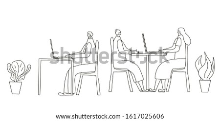 Office routine concept. Colleagues sitting at the desk and working. Three adult persons using laptop at the table. People reading mail, discussing new project. Vector illustration in doodle style.