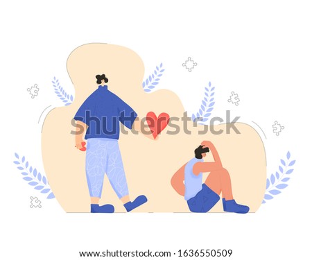 Care and kindness in theraphy. Character with love symbols try to help person with some mental issues. Vector flat cartoon illustration. Foto stock © 