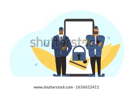 Credit card transaction protection concept. Security guards standing with arms crossed and defending confidential payment information. Two man saving huge mobile phone. Vector illustration. 