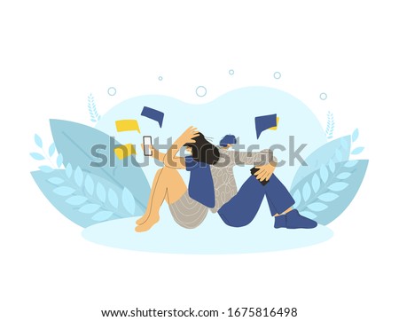 Bad relationship. Young married couple sending a messages to each other. Two friend sitting turned their backs to each other on the floor with bad mood because they had a fight. Vector illustration.