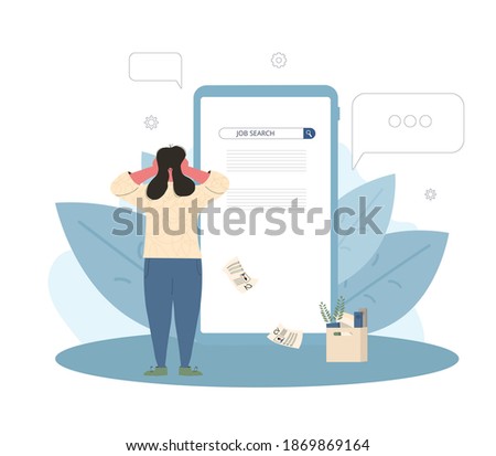 Unemployment. Dismissed worker try to find a work online. Fired woman standing near huge phone, she is confused and disappointed. Vector flat illustration. 