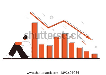 Stock market crash. Investor lost money. Sad and disappointed shareholder sitting on the floor with graph fall down at computer screen. Bankrupt. Economic and financial crisis. Vector illustration