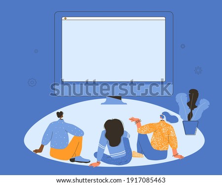 Watching tv news. Staycation. Three young women sitting on floor in front of the computer screen. Adult characters spending time together. Friends wearing in casual clothes. Vector flat illustration. 