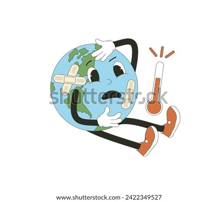 Earth hurt retro mascot with hot temperature. Sick planet cartoon character for holiday banner isolated on white background. Climate change and ecological problems. Vector flat illustration.