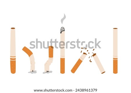 Cigarettes set elements isolated on white background. Stop smoking. National non smoking week. World no tobacco day. Vector flat illustration