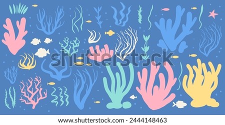 Coral reef and seaweed silhouette set isolated on white background. Underwater and aquarium plant elements. Vector simple handdrawn illustration.