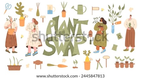 Plant swap set. People exchange houseplant, seeds, tree sampling and gardening together isolated on white background. Ecology lifestyle party. Event of potted flowers market. Vector flat illustration.