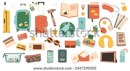 Vector travel set. Tourism accessories collection. Trip elements isolated on white background. Holiday weekend vacation. Flat illustration.