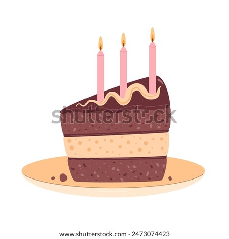 Holiday cake slice. Sweet birthday bakery piece. Pastry dessert with cream and candles for breakfast. Vector pie hand drawn flat illustration isolated on white background.