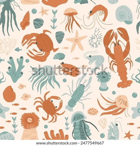 Underwater seamless pattern. Collection of starfish, jellyfish, lobster, crabs, shrimp, coral, seaweed, and snail shells repeat background. Vector hand drawn flat illustration.