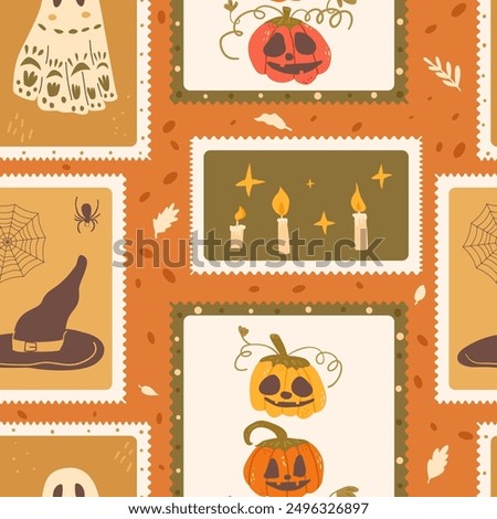 Halloween checked seamless pattern. Bento box All Hallows' Eve repeat background. Carved pumpkins, candles, witch hat and ghost retro stamps endless surface design. Vector hand drawn flat illustration