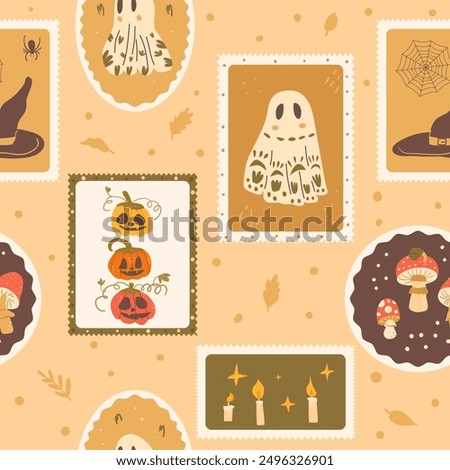 Halloween checked seamless pattern. Bento box All Hallows' Eve repeat background. Fly agaric, pumpkin and ghost with candles retro stamps endless surface design. Vector hand drawn flat illustration.