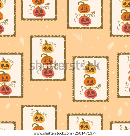 Halloween Pumpkins checked seamless pattern. Bento box repeat background. Jack o lantern retro stamps endless surface design. Vector hand drawn flat illustration.