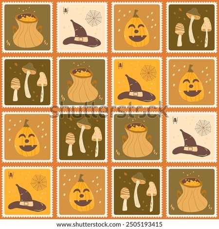 Halloween checked seamless pattern. Bento box All Hallows' Eve repeat background. Wizard cauldron, pumpkin and witch hat retro stamps endless surface design. Vector hand drawn flat illustration.