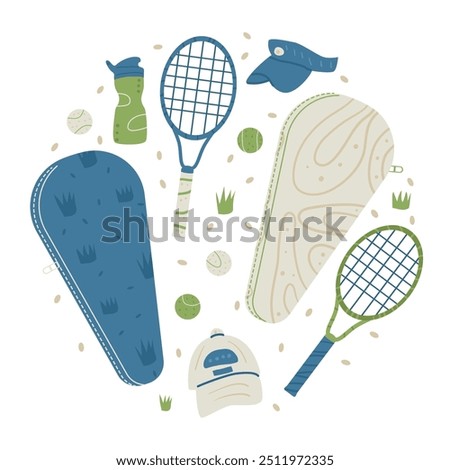 Tennis equipment set isolated on white background. Racket, cap, ball, water bottle, and a tennis bag. Vector hand drawn illustration