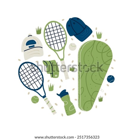 Tennis set isolated on white background. Racket, cap, ball, water bottle, and a tennis bag. Vector hand drawn illustration