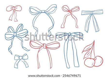 Crayon bow red and blue patriotic colors. Pencil drawing ribbons with bands. Line doodle style vector illustration set isolated on white background.