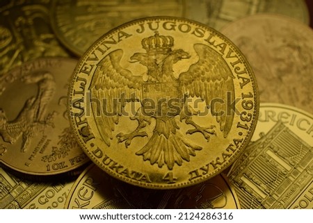 Four Ducat Gold Coin King Aleksandar of Yugoslavia and Queen Maria Photo stock © 